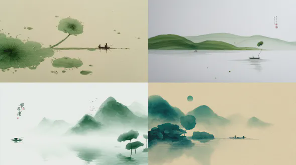 极简主义中国水墨画，98%广阔留白，所有场景元素缩至底部微型比例，淡绿色柔墨水雾形成三个微小圆形山影，一片极简荷叶配极细茎，小船成亚像素水墨痕迹，仅一条几乎难察的微观短线带丝涟漪，具空灵江南意境，柔绿水墨，超极简优雅