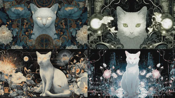 白色猫咪发光眼睛，黑色背景，矢量艺术，詹姆斯让风格，天音乐会元素，新川洋司机械感，托默·哈努卡装饰，华丽烟雾，花朵漩涡，高细节，对称构图，霓虹光效，赛博朋克氛围，暗色调，金属质感，神秘感，未来主义，超现实，优雅，迷幻