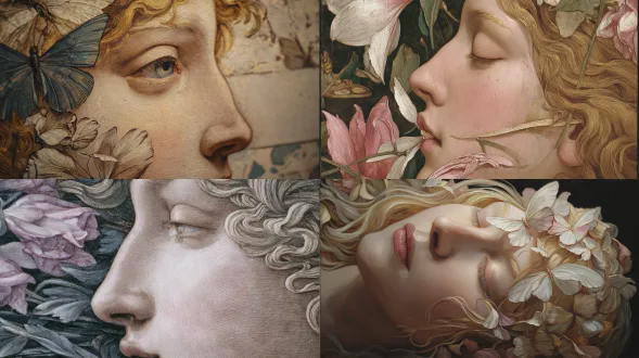 波提切利笔下普赛克的特写，她那 luminous 的发丝被满是低语梦境的风吹拂。她长长的画过的睫毛下绽放着蝶翼般的花瓣与盘旋的藤蔓，细腻地分层着柔和的明暗对比。她向某人的面庞呼出闪烁的花瓣，饱含渴望与灵魂，呈现出波提切利亲密梦幻的风格
