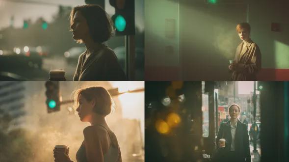 一幅具有电影感的照片，象征动力与感知，含微妙视觉趣味。一个三十岁女人于柔和晨光中前行，手拿一杯咖啡，跨步态。绿交通灯稍亮、咖啡蒸汽有金环、手机柔光、窗旁尘粒被阳光照。高光近潜意识，眼先于脑察觉。人物姿势稳且自信，肩松步稳。取景略紧于全身照，增亲密感。色彩暖中性、米色等。光线自然柔，清晨黄金时刻感。