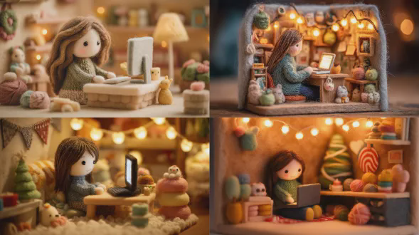 可爱的圣诞迷你场景，一位棕色头发垂至肩膀的女士正在使用电脑，手工制作的羊毛毡玩偶，针刺毡纹理，舒适的圣诞假日氛围，小巧的书桌，温暖的灯光，柔和的柔和色彩，异想天开，高度详细，微距摄影，浅景深