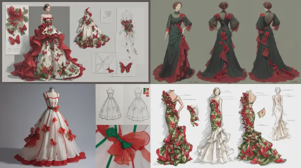克劳德莫奈风格的晚礼服设计概念。该礼服采用雪纺和缎子混纺面料，带有圆形剪裁和褶边，主色调方案为红色与绿色蝴蝶蝴蝶结圣诞元素。下摆、肩带及蕾丝细节饰有红色。具备圣诞礼服的设计美学，包含展现流畅轮廓与优雅美学的详细草图，着重自然光影效果。采用尼康相机及工作室灯光进行高清专业摄影