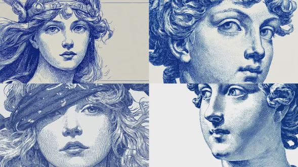 一幅美国蓝图示意图设计，蓝色的正义女神蓝图示意图近景肖像，空白背景，由洛克威尔、路德维希 霍尔韦因和新艺术风格，无文字，写实插画海报，战争宣传海报，政治海报，数字海报，洛克威尔风格海报，民族主义海报，视觉层次，负空间，焦点，平滑，大胆，视觉吸引人，雕像，正义，蓝白配色