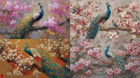 一幅优雅孔雀的画作，周围有鸟儿和树上的花朵，周围环绕着盛开的樱花。背景是浅棕色带有色彩斑斓的羽毛，营造出活泼的场景。它具有细腻的笔触、鲜艳的色彩和高清分辨率。高质量摄影，风格为传统艺术