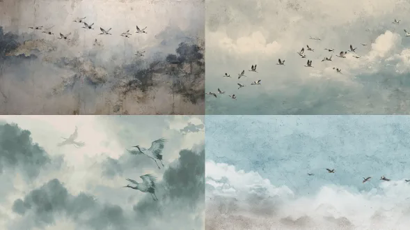 上半部分墙壁背景带有褪色的中式水墨画，若隐若现的仙鹤和云纹消散在光线中，柔和的蓝灰色调，古旧纸张纹理，低对比度，底部柔和渐变