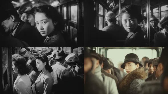 一位日本女士走向一辆公交车的尽头。美国，20世纪30年代。拥挤的公交车。用专业全画幅数码单反或无反相机在自然光条件下，使用大光圈定焦镜头拍摄高度逼真的图像。具有高端视觉特效，逼真的皮肤纹理。逼真写实。真实生活。从侧面的奇怪角度拍摄。独特的摄影风格