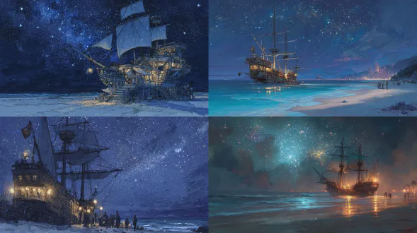 夜晚海盗船停靠海滩，星空璀璨，油画与漫画混合风格，船身木质纹理细腻，帆布飘扬，月光照亮海浪，沙滩细腻反光，船员身影朦胧，甲板灯光微闪，深邃蓝色调，星光点点，浪漫神秘，高饱和度，梦幻氛围，广角镜头，柔焦效果，动态模糊，唯美插画感，情感深沉，古典与现代融合。