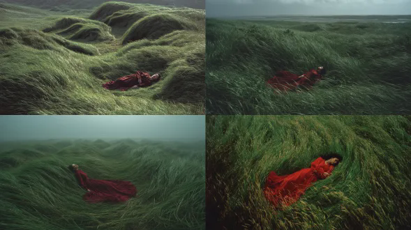 孤独的人躺在高大风吹草地中央，35毫米电影感，戏剧性低角度，草波浪般弯曲形成圆形凹陷，华伦天奴深红色雪纺长裙，与绿色环境对比，身体静止被草包裹，柔和阴沉光线，忧郁诗意氛围，宽广对称构图，超细节自然纹理，梦幻忧郁基调，模糊半透明复制品偏离主体，超现实主义，心理分裂暗示