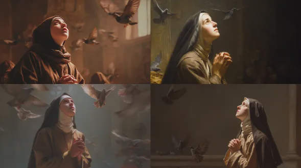 阿维拉的圣特蕾莎抬头凝视上方鸽子，双手合十祈祷，身着棕色加尔默罗会修女服，表情虔诚柔和，教堂内，柔和自然光，浅景深，古典油画风格，暖色调，神圣氛围，高细节，侧面柔光，宁静庄严。