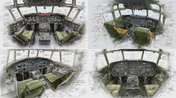 c - 130大力神军用运输机驾驶舱的概念蓝图草图，大型动态3d渲染，采用戏剧性的广角视角，置于纯白色背景上，具有详细的分解视图布局， featuring双飞行员座椅、模拟 - 数字混合仪表板、油门杆、导航模块、hud系统、顶部开关阵列、战术通信收音机。周围有氧气控制、方向舵踏板、飞行驾驶盘和瞄准标线覆盖的嵌入图。每个元素旁边有精确的技术标注和测量。内部风格采用哑光英国赛车绿 accents 与磨损的军用级纹理、拉丝铝和帆布带混合。高度标注，视觉冲击力强的驾驶舱构图