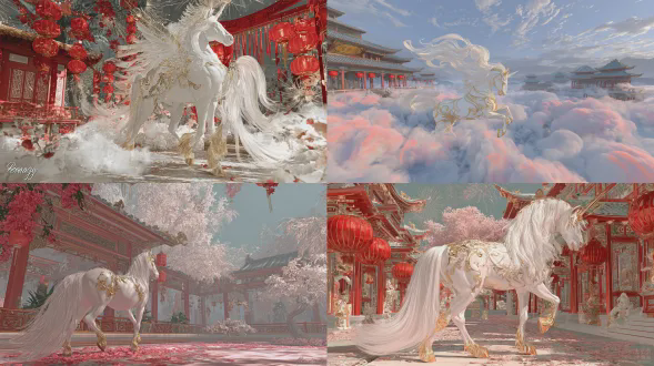 纯白天马，优雅姿态，流云般纯白鬃毛，金色马蹄踏祥云，中式天宫玉栏亭台，屋檐悬挂红灯笼，天边红金烟花轻绽，福字点缀云海边缘，半透明仙气云层，红金柔光晕染，超细节刻画，空灵仙气，春节吉祥氛围，柔和电影光，8k分辨率，