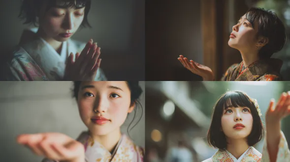 一名年轻日本女性温柔伸出手，抬头望，柔和情感，简约风格，日系治愈，暖色调，浅景深，35mm镜头，自然光，低饱和度，细腻皮肤，和服纹理，宁静氛围，轻微动态模糊，无文字干扰，细腻光影，温和表情，环境融合