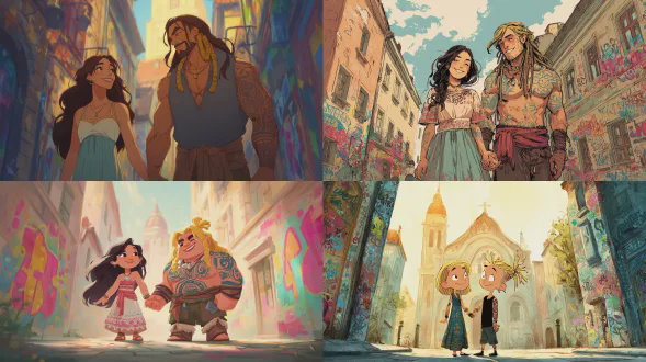 西班牙裔女孩和维京男孩在欧洲街头，嬉皮士卡通风格，女孩穿着波西米亚长裙微笑，男孩金色脏辫面部纹身肌肉结实，牵手行走，背景是古老建筑和彩色涂鸦，黄昏柔和光线，广角镜头，高饱和度，活泼快乐，手绘质感，夸张比例，暖色调，动态构图，街头艺术元素，轻松浪漫氛围