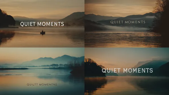 一张为名为《静享时刻》的音乐曲目打造的宁静简约专辑封面。黎明时分宁静的自然静修场景：轻柔的雾气，温暖的柔和淡光，远处的山峦或森林，水面上轻柔的倒影。平和、内省的情绪，孤独与内心平衡的感觉。简洁的构图，大量留白。电影般、梦幻的氛围，细微的颗粒感，柔和的对焦。现代氛围/休闲音乐美学。无文字，无人。方形格式，高分辨率