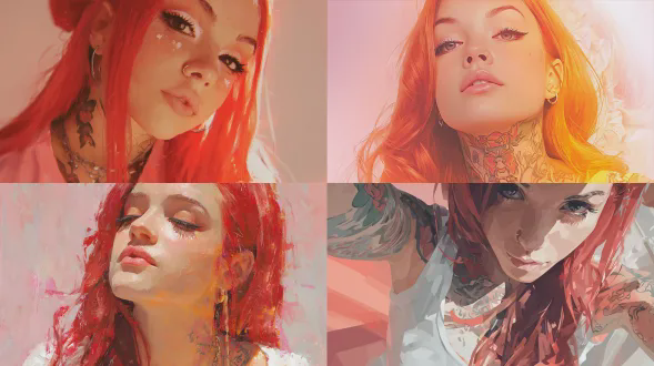 一幅有着红色长发和纹身的instagram模特的油画。她脸上化着白色妆容，背景是浅粉色和橙色。这幅画采用数字艺术技法风格，包括数字喷绘、笔触和柔和色彩。这是一个特写、低角度肖像 应用建议：