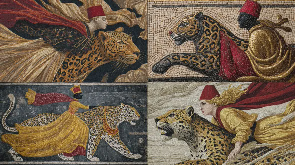 复古希腊罗马马赛克风格的艺术品，描绘一只华丽动感的豹子，皮毛图案丰富，戴着鲜艳的红色 fez 帽。一位无脸女性人物，发丝在空中飘扬，骑着豹子，身着飘逸的中世纪罗马金色长袍，带有华丽的褶皱，笼罩在颓废之中。酒神节的狂欢与神话主题，戏剧化且具象征性。古老的小马赛克纹理，手工铺设的石材瓷砖，可见的灌浆线，陈旧的光泽。色调为抛光金、深酒红、缟玛瑙黑、象牙白和赭石色。戏剧性又优雅，超现实且欢庆，古典神话遇上异想天开的奢华。无现代元素，无写实风格，具有永恒的古代艺术品美学