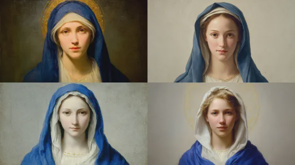 受高文艺复兴风格启发的油画，描绘圣母玛利亚，展现出宁静的尊严和深沉的温柔。她以半身或四分之三构图呈现，正面且居中，带着平静、母性的表情。玛丽穿着深蓝色披风，柔和照亮，搭配白色如云的服饰，细微的金色点缀暗示神圣恩典而非装饰。光线控制且虔诚，在浓郁的蓝色、明亮的白色和克制的金色之间形成清晰对比。高光温暖柔和，阴影柔和且建模良好，赋予画作深度和真实感而无戏剧性。她的头部可能环绕着精致的金色光环或光芒，纤细且低调。背景简单不抢眼，由柔和光线和柔和色调构成，让玛丽成为唯一焦点。精致的笔触，平滑的过渡，真实的面部特征，自然的肤色。氛围传达母性、保护、和平与权威统一于谦卑之中。具有高文艺复兴克制风格的神圣现实主义，永恒且沉思