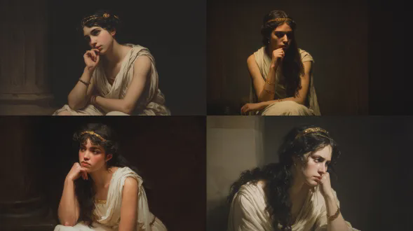 一幅古典学术派油画，描绘一位沉思的年轻女子坐在昏暗的室内。她有着长长的飘逸黑发，戴着一条中央镶有宝石的细金头带。她的表情紧张且深思，眉毛微微皱起，眼神侧视，透着怀疑和内心冲突。一只手抬至下巴，呈思考姿态，另一只手放在膝上。她穿着半透明的白色 draped 织物宽松地覆盖身体，以高雅古典的方式展现自然肤色。柔和的明暗对照法照明，温暖的肤色，深邃的阴影背景，脸颊上有细微的红晕，写实的解剖结构，平滑的绘画笔触，19世纪学术现实主义，新古典主义风格，博物馆级油画，高细节，情感深度