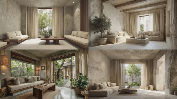 现代侘寂风格民宿客厅，浅米色微水泥墙面与天花板，带有自然斑驳纹理和手工质感，亚麻材质的米色窗帘质感强烈，窗外是绿植庭院，棉麻材质的米色沙发配茶几，同色系微水泥地面，充足留白，柔和光影，胶片摄影质感，色彩柔和均匀，对称构图，细节丰富，8k
