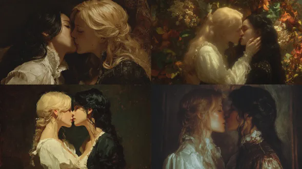 两个相爱之女性，其一金发着白色连衣裙，另一者黑发着深色服饰，相互亲吻，风格似爱德华罗伯特·休斯、似托马斯·劳伦斯、似多纳托·詹科拉，运用虚幻引擎，呈油画风格