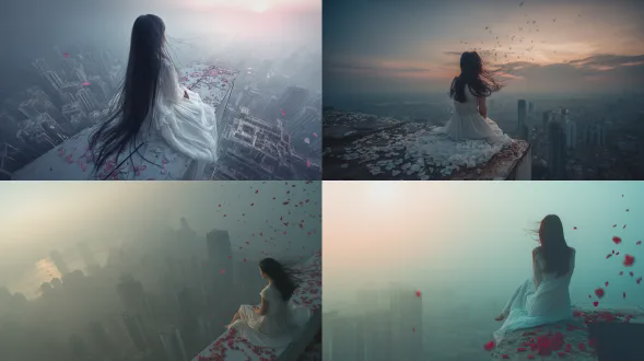长发中国女子白色连衣裙，背对镜头坐高楼边缘，海浪淹没城市，身后摆放玫瑰花瓣飘落，对角线构图，冷色调，广角镜头，逆光，慢快门，宁静感，超现实主义，高对比度，城市废墟，悲伤，孤独，飘逸长发，细节丰富，电影质感，层次分明，微距花瓣，蓝色主调，朦胧雾气，悬浮感，日落余晖。