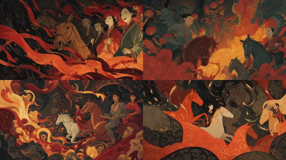 深色调插画，中国新年庆祝场景，传统中国元素融合，红色卷轴展开，火马奔腾，暗金纹理背景，细腻笔触，华丽装饰，光影对比强烈，浓郁红色与金色，喜庆氛围，人物身着传统服饰，微笑表情，动态构图，火焰与卷轴交织，象征繁荣吉祥，深沉神秘感，复古质感