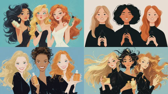 风格化照片：三个女孩，金发女孩，有着黑色爆炸头的混血女孩和红发波浪发女孩，女孩们笑着，手里拿着化妆品的瓶子。她们的头发非常长。能看到四只手。女孩们穿着黑色衣服，背景是白色。女孩们非常精致，有着整洁的发型。她们在蓝色背景前，穿着白色衣服