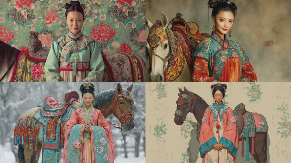 马年海报，带有新年主题背景，全身、漂亮脸蛋的亚洲女孩直直面对镜头站立，微笑，微微鞠躬，双手作揖姿势，她穿着一件漂亮优雅的唐朝风格浅红色带有蓝绿黄新年图案的轻盈层叠连衣裙，衣领和袖口轻轻绣有花朵，唐朝风格的高松发髻，头上插着漂亮的长簪子，一匹真实、逼真的漂亮马，带着华丽多彩的马鞍，在她身后靠近站立，圆形