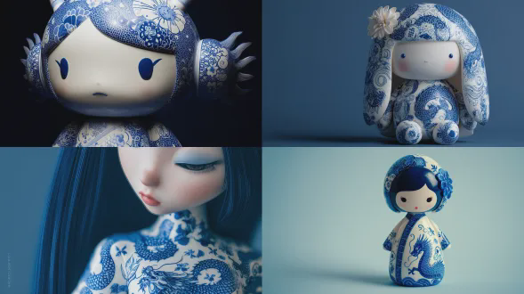 一个带有亚洲龙图案的蓝白瓷娃娃，简约风格，卡通可爱女孩角色设计，迪士尼动画风格，全身肖像，q版漫画艺术，高清细节，完美构图，纯色背景，柔和光线，浅色调，精致装饰，飘逸的头发，以及精美的服饰图案
