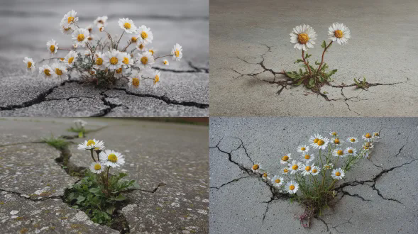 混凝土裂缝中生长的雏菊，象征城市环境中的韧性与美丽，超写实摄影