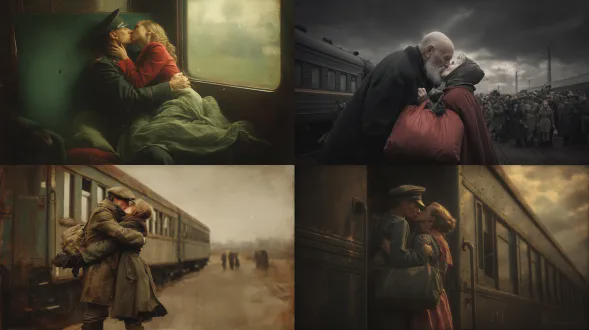 想象由安妮xl莱博维茨创作的一幅原创图像，描绘二战期间一名男子乘火车去参战，他美丽的未婚妻正在热情地吻别士兵，两人都很悲伤且不确定，沉浸在火车离开前的那一刻。受欧亨尼奥·雷昆科的360度获奖影像启发