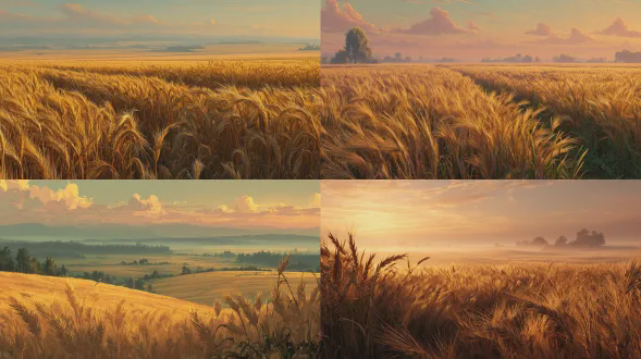 超写实电影风格的风景，一片无尽的高大金黄色麦田延伸至地平线。巨大的成熟麦秆在风中轻轻摇曳，在大地上形成柔和的自然波浪。清晨的金色光线伴随着温暖的日出光芒，淡淡的雾气在麦田间低空盘旋，营造出深度和氛围。前景采用浅景深，小麦纹理清晰，带有露珠反光，逐渐向地平线处融入梦幻般的朦胧感。苍白天空中有轻柔的云朵，宁静的田园氛围，有机且永恒的美学。温暖的金色、柔和的琥珀色、柔和的绿色的自然色彩调色板。宁静、诗意、优质的乡村感觉，没有人、没有建筑、没有物体，只有纯粹的自然