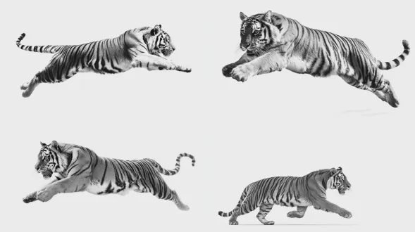空中侧面全身视角的老虎，动态且充满活力的动作，水平跳跃，前腿伸展，后腿推进，强烈且专注的表情，黑白配色，孤立在纯净白色背景上