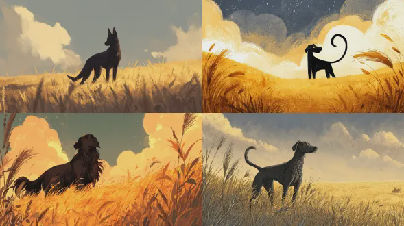 儿童民间故事书封面插画，一只健壮的黑狗独自伫立在黄昏时的金色麦田中，带有古老的中美洲神话氛围，蕴含微妙的魔幻现实主义色彩，黑狗坚定地向前凝望，长长的尾巴轻柔弯曲，似暗藏隐秘，天空温暖，云朵柔和，受阿兹特克神话启发，属故事书插画，具绘画风格，纹理柔和，色调温暖质朴，围绕忠诚、希望与被遗忘的善意主题，无文字、无标题、无水印