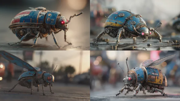 超写实电影场景中的一只微小机器人甲虫 它的翅膀上有蓝色街道 有划痕 油污条纹 面板螺栓 液压活塞 可见的机器人腿部 红色眼睛 有雾的大气深度 夕阳的暖光 柔和的漫射光 体积光线 高细节的金属纹理 逼真的比例和透视 8k清晰度 用全画幅电影摄影机拍摄 85mm镜头 浅景深 忧郁的去饱和色彩分级 粗糙的科幻写实风格