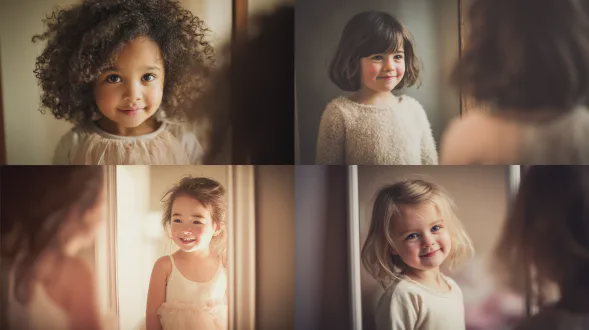 五岁女孩特写镜头，站在大镜子微笑，浅色蓬蓬裙，圆领设计，自然柔光，温暖色调，背景虚化，35mm镜头，浅景深，逆光反射，天真无邪，愉悦表情，微侧脸，柔和阴影，高光细节，童话氛围，粉色调