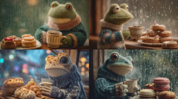 一只可爱的青蛙穿着羊毛衫，在雨天靠在窗边啜饮咖啡、享用糕点，风格为毡制艺术，带有散景效果