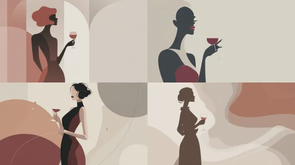 极简法式自由风格插画背景 一位优雅女性剪影手持酒杯 扁平矢量风格 受现代艺术装饰风格影响 色调克制（象牙色 炭灰色 酒红色） 干净空白空间 奢华小酒馆氛围 微妙曲线 精致且永恒 无文字