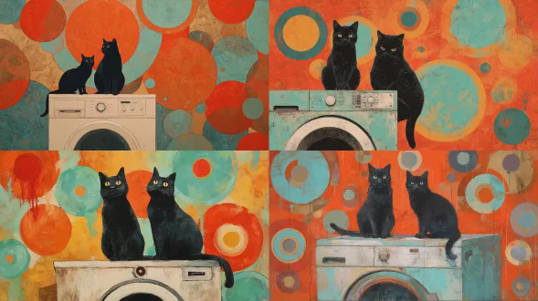 一幅复古的中世纪现代风格画作，描绘两只黑猫坐在洗衣机上及周围，背景有充满活力的橙色和蓝绿色圆圈，风格为中世纪风格艺术，出自艺术家罗西娜