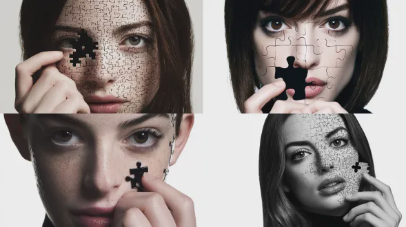 高分辨率的摄影棚人像，一位惊艳年轻模特安妮海瑟薇为主角。头发顺直，白色背景，脸略侧转但目光直视。整张脸由清晰可见的拼图块组成，边缘整齐且具立体感。她用手指捏着一块刚从脸颊取下的拼图块，露出下方黑色虚空。光线集中有方向性，几乎无阴影但勾勒出皮肤与拼图结构的立体感