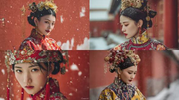 一张高端时尚杂志封面级写实照片：25岁中国女子，穿明制重工汉服（多层叠穿、金线刺绣、凤冠流苏）；场景为故宫红墙长廊，雪中或雪后晴朗二选一；镜头感85mm浅景深（半身）或50/70mm（全身）；保持杂志封面构图与排版留白，色彩高级、纹理可见。