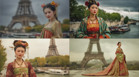 生成一张写实照片：18岁高挑的东亚女子，穿盛唐宫廷重工礼服（齐胸衫裙、大袖、金饰、面靥花钿），背景为埃菲尔铁塔下（特罗卡德罗或塞纳河畔），天气阴雨或黄昏二选一；镜头85mm或50/70mm，浅景深，色彩为法式米灰与唐风红绿金的强烈对比。