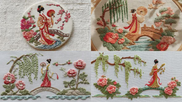 手工刺绣艺术，插画风格，一位身着飘逸红金汉服的唐代仕女手持团扇，立于小石桥上，垂柳枝头点缀着法式结的绿叶，近旁牡丹园盛开，缎面针法勾勒丝绸裙摆与水波涟漪，雅致景致，白色亚麻布背景，柔和自然光线，高浮雕质感，触感细腻