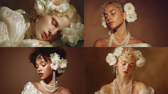 极致细腻的摄影油画特写，一位优雅的年轻女子闭着双眼。她拥有柔软的金色卷曲长发，发间装饰着几朵精致的白色饱满盛开的大花朵。妆容干净，有光泽，皮肤无瑕，拥有一抹复古经典的红唇。佩戴着超长的多层珍珠耳坠和奢华的多层珍珠项链。身着白色丝质露肩礼服，面料泛着柔和光泽。背景为纯净的暖棕色。光线柔和唯美，营造出电影感。整体氛围宁静、高贵、浪漫且充满内省之美，强调古典肖像的庄重感与现代摄影的细腻质感。色调温暖，对比柔和。