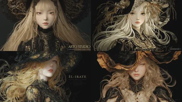 一位美丽的金发女孩，长发飘逸，身着黑金相间的礼服，头戴帽子，采用奇幻艺术风格，模仿天野喜孝的“艾尔关系”动漫风格，高分辨率，全身肖像，面部特征完美，皮肤无瑕，眼睛明亮，嘴唇诱人，鼻子精致，细节丰富，堪称杰作，品质卓越，超级精细，在artstation上广受欢迎。背景黑暗而神秘，微妙的灯光突出了蕾丝或珠饰等细节，营造出优雅而神秘的氛围