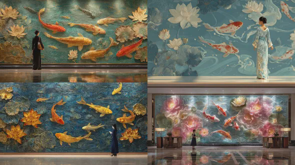 在豪华宴会厅的背景墙上，有一幅优雅的浮雕壁画，描绘了在水中游动的锦鲤和美丽的荷花。鱼儿的动作活泼，具有新中式风格。画面高清、细节丰富、色彩精致，图像清晰。一位身着正装的中国美女正在观赏壁画