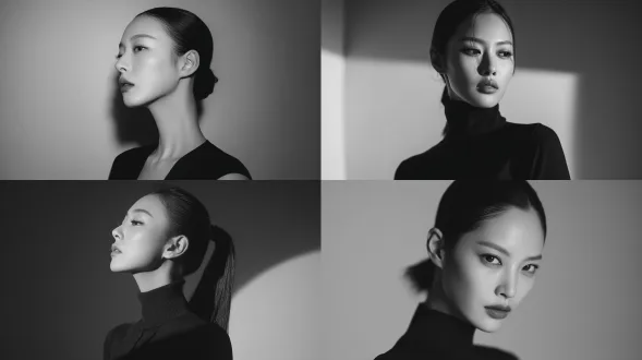 韩国时尚模特，20多岁晚期，鲜明且精致的面部轮廓，分明的v型下巴，纤细的下巴，高级时装模特气质，侧面肖像，简洁的轮廓，突出的颧骨线条，锐利的下巴轮廓，修长优雅的颈部线条，紧致光滑的肌肤，哑光肤质，不强调面部圆润感，没有圆润的脸颊，极简时尚妆容，立体的轮廓，中性的嘴唇，锐利的眼睛，头发紧紧束起，顺滑的低马尾或直发，穿着黑色或单色时尚上衣，时尚编辑风格，高对比度的工作室灯光，定向光线突出骨骼结构，清晰的阴影，超写实，清晰对焦，高细节，时尚编辑摄影，真实人物，非电脑生成