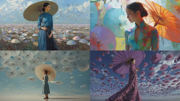 一幅站立姿势的亚洲女性全身肖像，脚下撑着一把巨大的打开的油纸伞。背景是有许多漂浮的中国油纸伞的天空，营造出分层的深度感。场景捕捉到户外的自然日光，光线方向略偏主体右前方。光线异常柔和，人物没有明显阴影。面部光照均匀，展现真实的织物纹理和逼真的人体细节，高分辨率和高细节