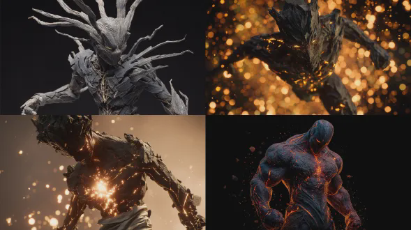 一个有着开裂黑曜石皮肤的黑暗雕塑人形，正面对抗姿势，头部向下倾斜，带着强烈的向上凝视，紧握的拳头中熔岩脉络贯穿双臂，炽热的余烬核心从胸部深深的裂缝中迸发，身体的碎片向四面八方剧烈爆裂，撕裂的飘动织物在狂风中飞舞，人物周围漂浮着破碎的楼梯残骸，微小的金色幽灵般的光带穿透躯干，远处遥不可及的冰冷恒星，纯黑的虚空背景，内部散发着戏剧性的橙色和金色光线，黑暗幻想超现实雕塑美学，高度细节化，强烈而激进的氛围，8k战斗姿态，原始尖叫姿势，向外辐射的爆炸性能量，人物周围破碎的现实