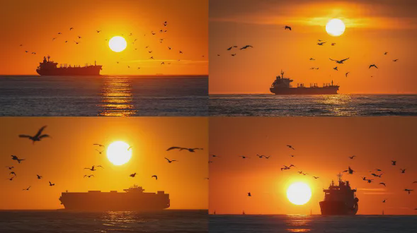 专业风景远摄镜头，全画幅相机，70 - 200mm f/2.8镜头（135mm焦距），f/8光圈，1/200秒快门速度，iso 200，+0.7ev曝光补偿，明亮清晰风格，逼真描绘。主要主体：海面上一艘巨型货船完整的水平剪影，接近海面的落日为明亮的金橙色球体，周围散落着10只以上海鸟。场景环境：公海开阔区域，无陆地遮挡。色彩与光线：高饱和度明亮的天蓝色海洋，天空渐变至温暖橙色，落日强烈的金橙色反射，暖冷色强烈对比，清晰光线无任何暗区。构图与透视：水平宽幅格式，平视远摄，货船剪影笼罩在落日余晖中，反射垂直延伸